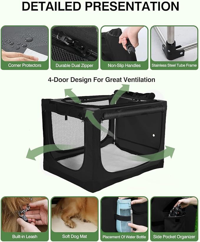 Veraste 30" Soft Collapsible Travel Dog Crate for Medium Dogs,Black | 4-Door Foldable Travel Crate,breathable mesh, foldable with storage bag - Image 7