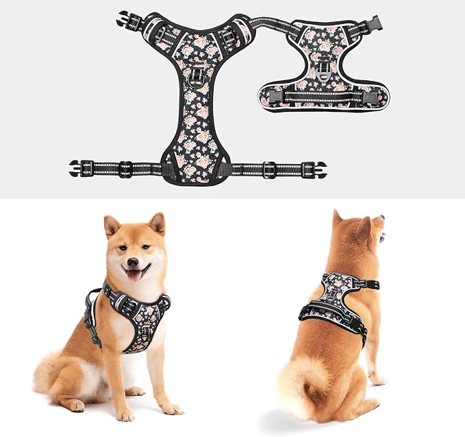 Timos Dog Harness Medium Sized, Quick Release 3 Buckles, Black Rose, M | Reflective No Pull No Choke, Easy On & Off, Adjustable Soft Padded, Front & Back 2 Clips and Control Handle for Walking - Image 5