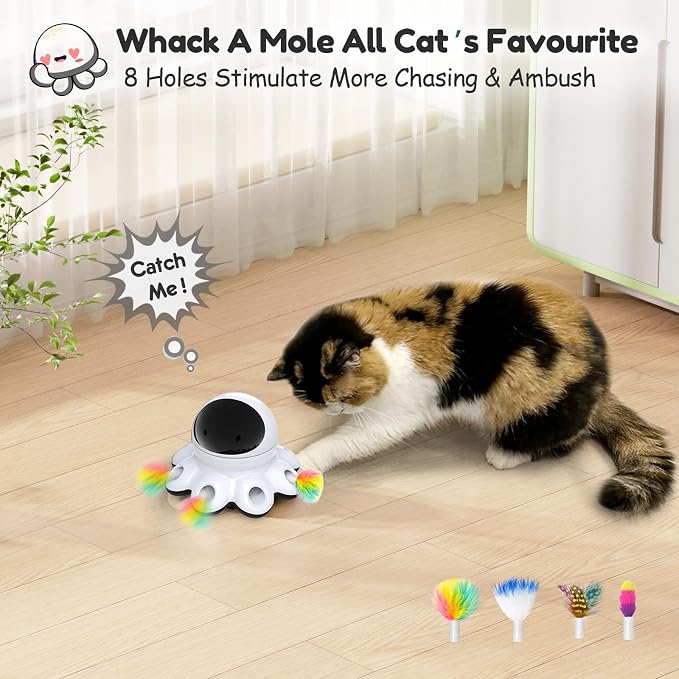 ORSDA Cat Laser Toy, 2-in-1 Interactive Automatic Motion Activated Moving 8 Holes Whack A Mole Feather, USB Rechargeable Electronic Smart Sensor Kitten Toys for Indoor Exercise - Image 4