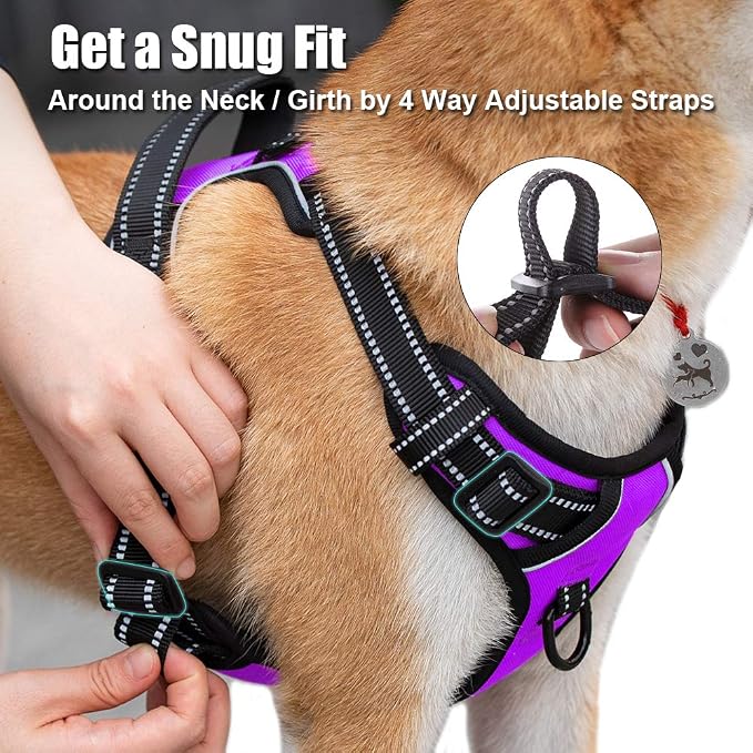 PoyPet No Pull Dog Harness Large, Reflective Vest with Front Clip & Handle | Easy On/Off, No Choke, Adjustable, 2 Leash D-rings, Soft Padded, Breathable, Oxford, for Walking Training, L, Purple - Image 5