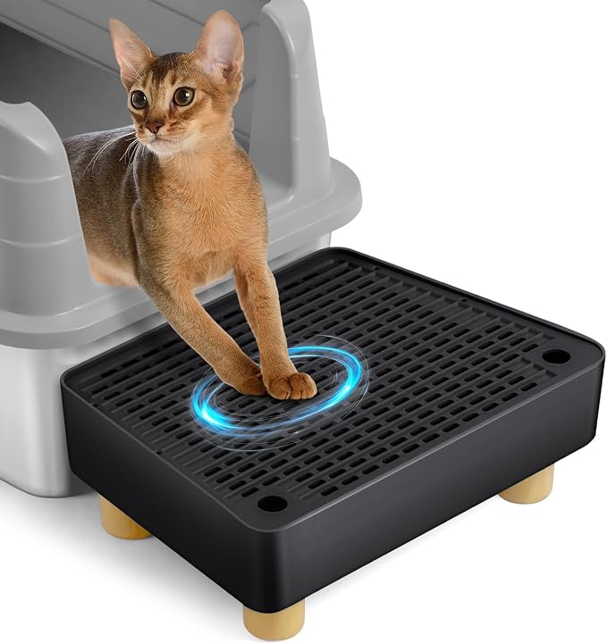 Extra Large Cat Litter Box Step Ramp, Cat's Litter Catcher Mat with Wooden Feet, Filter Function, Pedal Stool for Self-Cleaning Cat Litter Box, Ideal for Kitten & Elderly Cats (Black) by Bartuke