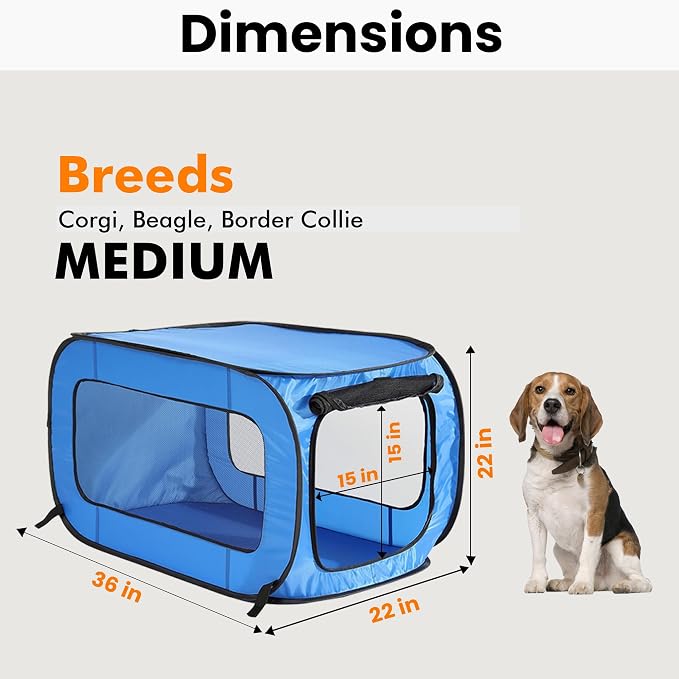 Portable Collapsible Pop Up Kennel, 36" L x 22" W x 22" H, Blue | Collapsible indoor/outdoor travel cat and dog crate with mesh screen windows pops up and folds flat for easy storage - Image 2