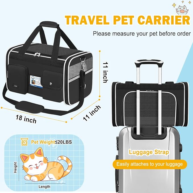 HUANLANG Large Cat Carrier Soft Sided Travel Pet Carrier Airline Approved | Dog Carriers for Small Dogs Medium Cats,Collapsible,3 Storage,zipper lock,Reflective strips,Luggage Strap,Up to 15 Lbs, Black - Image 5