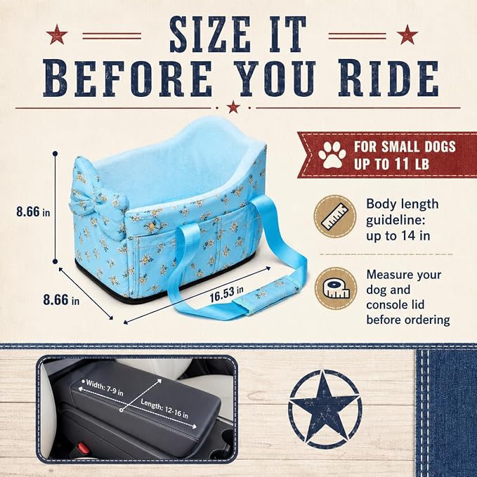 Console Dog Car Seat Up to 11lbs (Blue Daisy) | Portable Dogs Armrest Booster Seat for Small Dog, Anti-Collapse Pet Car Seat with Soft Cushion Safety Belt - Image 4