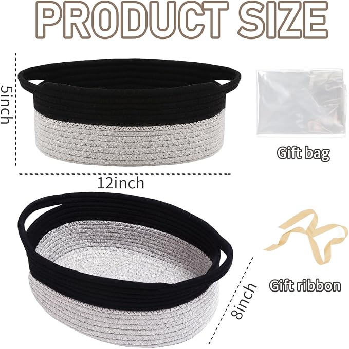 JMvicyroam Small Woven Basket, Empty Gift Basket, Black&Grey/1 Pack | Small Gift Basket, Cotton Rope, 12 x 8 x 78 in, Handles, Includes Ribbon and Bag, Birthday Gift Basket - Image 2