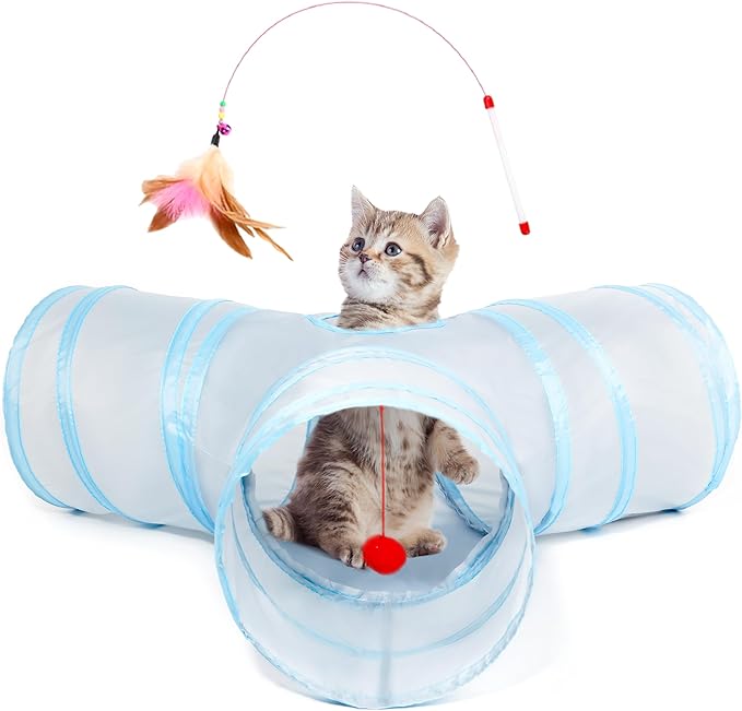 Tempcore Cat Tunnel for Indoor Cats, 3 Way Collapsible Pet Play Tunnel with Teaser Wand, Peek Holes & Hanging Ball, Interactive Tube for Kittens & Rabbits, Light Grey&Blue by Tempcore