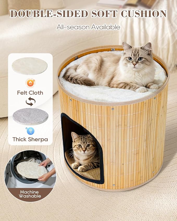 SYANDLVY Large Cat House, Kitten Condo with Bed for Indoor Cats, Portable ﻿ | 2-Tier Foldable Natural Bamboo Cave with Double-Sided Cushion, 15.5"x15.7" Washable Kitten Hideout - Image 5