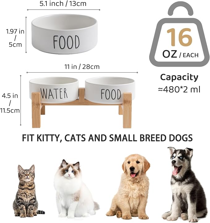 Elevated Ceramic Dog Bowls Set - Food & Water Lettering Raised Dog Bowl with Non-Slip Bamboo Stand for Cats and Small Dogs, Weighted Dogs Dishes Pet Bowls (5.1 inch, 2 * 16oz, White) - Image 3