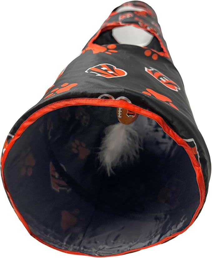 NFL Cincinnati Bengals Cat Tunnel Tube Toy with Plush Football Catnip and Feathers Collapsible Tunnel for Cats to Play, Peek and Hide, Sporty & Fun Cat Tunnel Toy with Team Logo All-Over Design! - Image 5