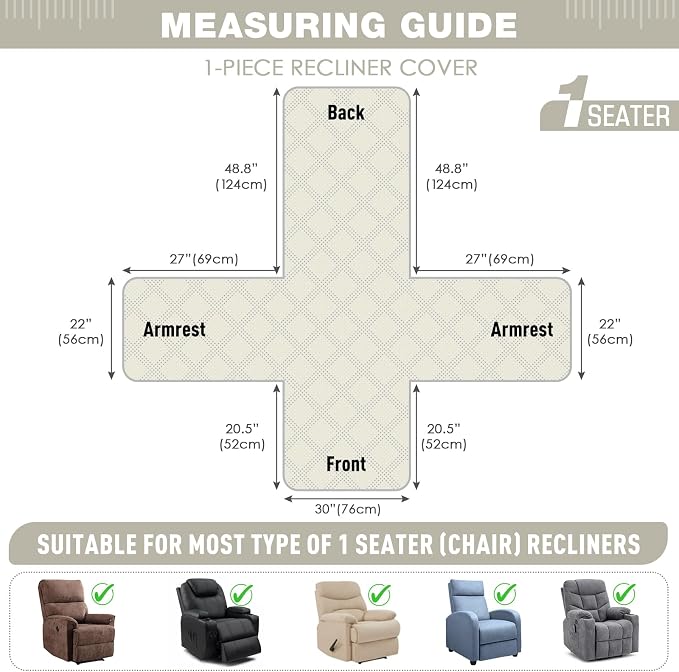 TAOCOCO Waterproof Recliner Chair Covers 30 Inch Wide, Oversized Recliner Covers for Recliner Chair with Pocket, Recliner Slipcovers with Straps Furniture Protector for Kids Pets (30'', Ivory) - Image 3
