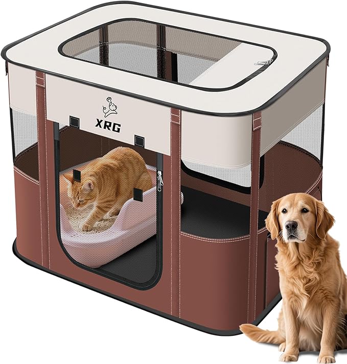 XRG Foldable Pet Playpen,Indoor Cat cage Puppy Crates M(31.5"x23.6"x21.7") | Portable Dog Crates with Upgrade Breathable Mesh，Sturdy Cat Kennel Indoor & Outdoor for Rabbit or Small Animals,Brown by XRG