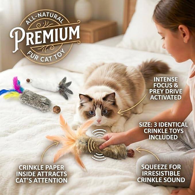 Cat Toy Rabbit Fur Feather 3pcs Gall Fruit Treat Kitten Kick Indoor | Kitten Teething Toy with Crinkle Paper, Rabbit Feathers Hunting Play, Catnip Gall Fruit Stress Relief, Kick Chew Interactive - Image 2
