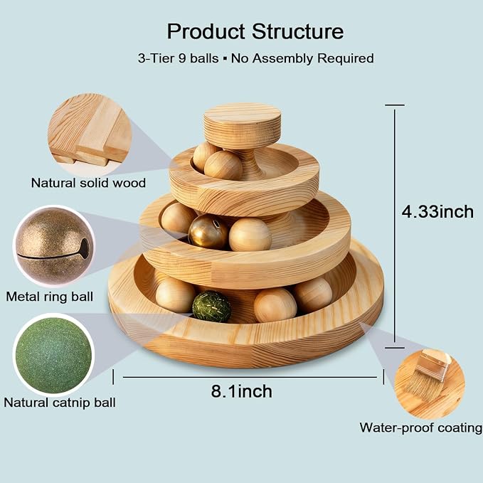 Solid Wood Cat Ball Track,Heavy Duty 3-Tier Interactive Cat Toy Tower with 9 Removable Balls,Bell & Catnip,No Assembly Required,Anti-Tip Sturdy Base for Indoor Cats, Kittens & Large Cats - Image 6