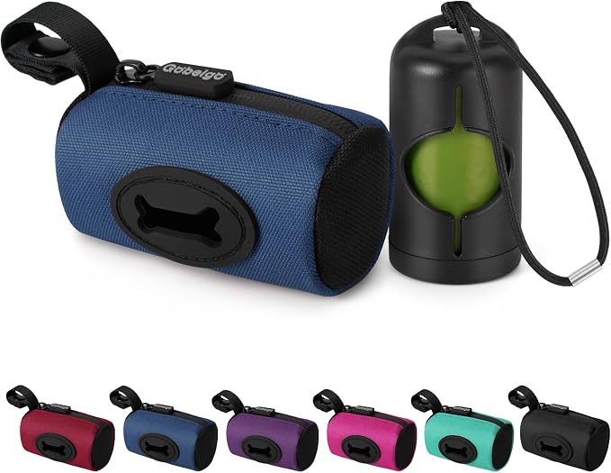 Gobeigo 2-in-1 Dog Poop Bag Holder【Easy Pull-Out Version】(Navy Blue) | Hard Plastic Insert & Soft Fabric Bag Snap-On Strap Dispenser Fits Retractable and Standard Leashes with 1 Roll Bags by Gobeigo