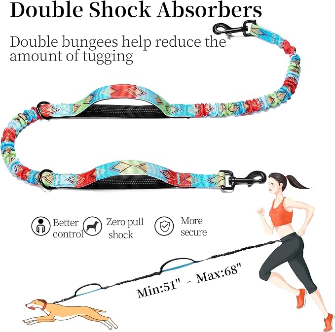 Hands Free Dog Leash with Zipper Pouch, Colorful Rhombus, Large | Waist Leash, Dual Padded Handles, Shock-Absorbing Bungee, Adjustable Waist Belt, Walking and Running - Image 5