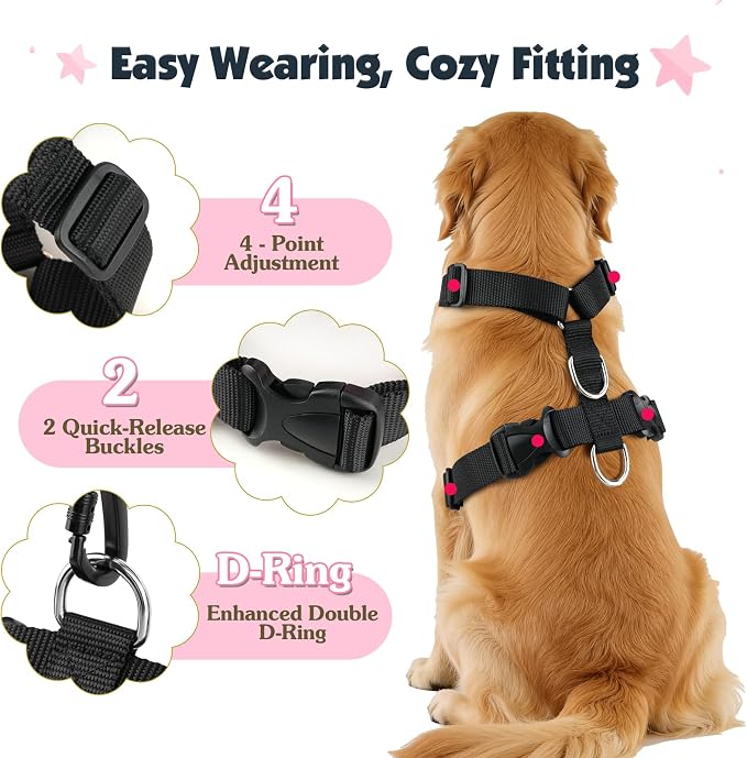 Pawaboo Dog Seat Belt Harness for Car, Seatbelt Harness with 2 in 1 Buckle | Adjustable Breathable Harness for Car, Elastic Reflective Heavy Duty Dog Tether, for Small Medium Large Pets, M, Pink - Image 5