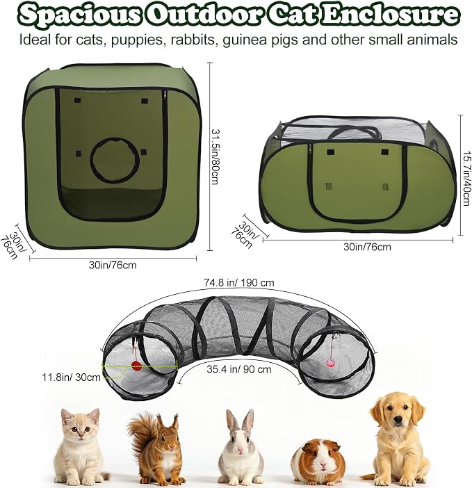 Cat Playpen, 3-in-1 Pop-up Outdoor Cat Enclosure, Green | 2 Rooms & Tunnel, Breathable Mesh, Carry Bag, Interactive Toys, Multi-Entry Doors, Indoor & Outdoor Use for small pets - Image 3