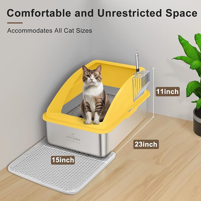 AIPERRO Stainless Steel Litter Box | XL Metal Cat Litter Boxes with Lid | Enclosed High Sided for Big Cats | Anti-Urine Leakage | Non-Stick & Easy to Clean with Litter Mat & Metal Scoop (Yellow) - Image 8