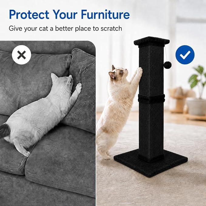 Cat Scratching Post for Indoor Cats, Sisal Cat Scratcherl, 32 Inch | Full-Body Stretching Cat Scratch Post, Wide Stable Base, Heavy Duty Post for Cat Adults to Protect Furniture, Pure Black - Image 4