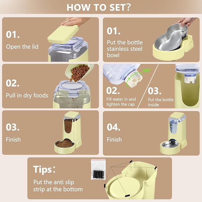 HWONMTE Portable Automatic Cat Feeder and Water Dispenser with Stainless Steel Bowl Dog Gravity Food Feeder and Waterer for Small Medium Pets Puppy Kitten 1 Gallon x 2 (Cream Yellow) - Image 6
