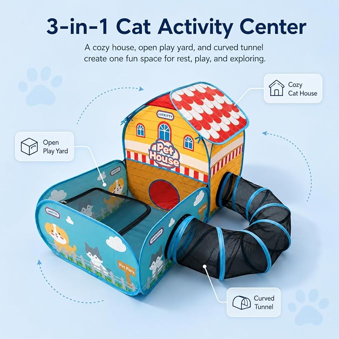Cute Cartoon Cat Playpen with Tunnel, 3-in-1 Indoor Cat Tent with Separate Rest & Play Zones, Breathable Mesh Covered Top, Foldable Portable Cat Enclosure with Carry Bag - Image 2