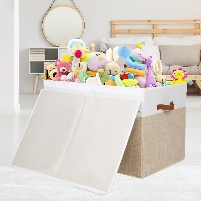 Large Toy Storage Box with Lid, Toy Chest Bin Boxes Basket with Dividers | Sturdy Toy Organizer Bin for Kids, Boys, Girls, Nursery, Living Room, Bedroom, Playroom 26"x17" x17"(Beige and White) - Image 5