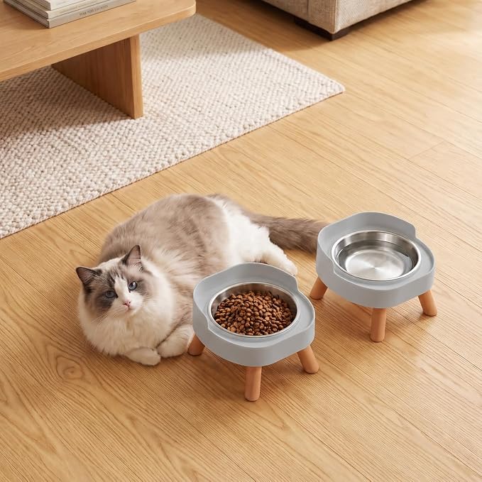 Elevated Cat Bowls, 2P Raised Cat Food and Water Bowl Set for Indoor Cats, Splash Proof with 2 Stainless Steel Pet Food Bowls for Cats ＆ Puppies, Whisker Friendly and Dishwasher Safe - Grey - Image 9