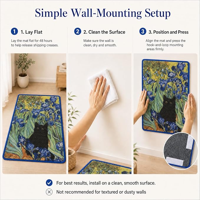 Art Sisal Cat Scratcher Mat, Cat Wall Scratchers for Indoor Cats | Wall Mounted Cat Scratcher, Natural Sisal, No-Drill Hook & Loop Setup, Floor or Wall Use, 23.6 x 15.7 Inch, Irises - Image 9
