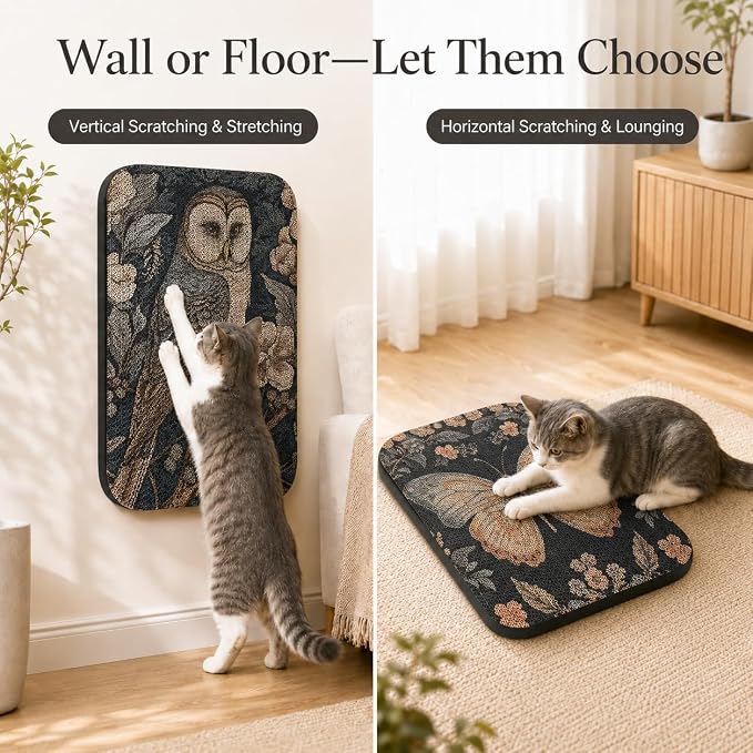2 Pack Cat Wall Scratcher, Art Cat Scratching Board for Cats | Wall Mounted Cat Scratch Pad, Water-Based Ink, Hook&Loop Strips, Floor or Wall Use, 16.7x11x1 Inch, Owl & Butterfly - Image 5