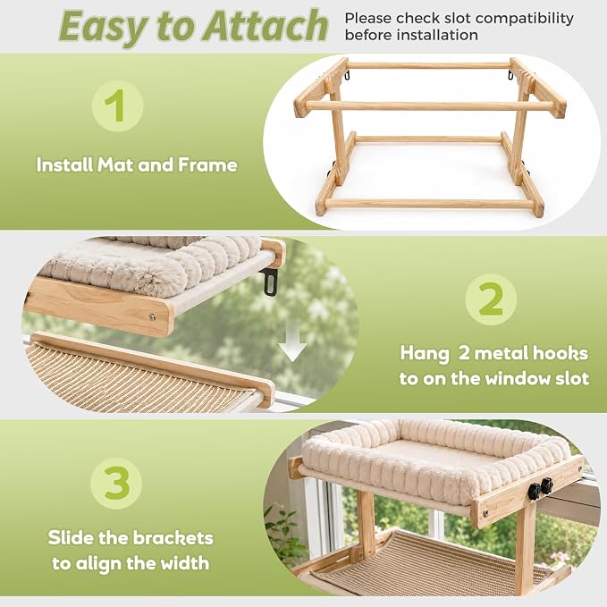 Teabelle Double Layer Cat Window Perch with 3 Interchangeable Mats | Bedside Sleeper, Adjustable Solid Wood Tree Cat Hammock for Small & Medium Breeds, Sturdy Window Bed(Plush, Sisal, Canvas) - Image 6
