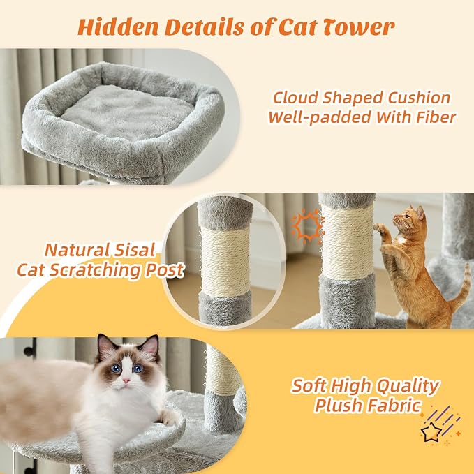DUMOS 44 Inch Cat Tree Tower with Natural Sisal Scratching Posts | Small Cat Tree with Hammock, Pet Condo for Indoor Cats and Kittens Play, Light Grey - Image 4