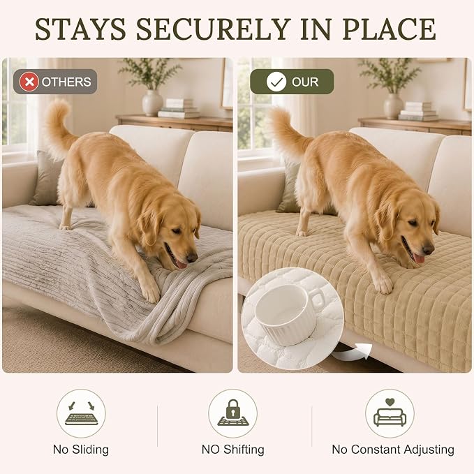 Smiry Velvet Couch Cover for Dogs, Non Slip Soft Sofa Protector for Pets | Washable Sofa Cover for Cats, Cozy Furniture Protector Against Pet Hair, Scratches, Fits Sectional Sofa(Khaki, 36"x71") - Image 3