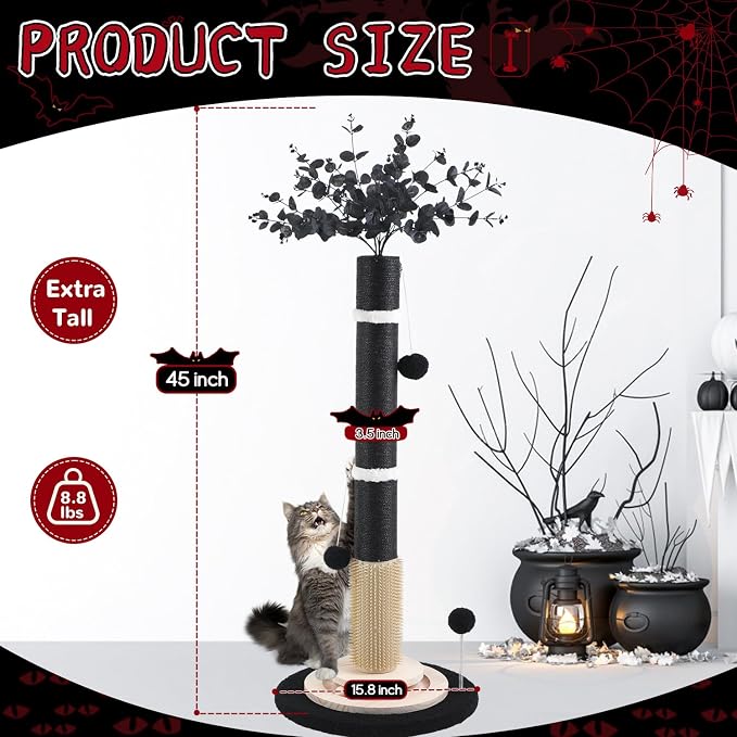 Cat Scratching Posts for Indoor Adults,45'' Tall Heavy Duty Tree Tower | 3.5'' Diameter Sisal Rope Artificial Plants Black Scratcher Interactive Ball Toys for Interior Decoration - Image 2