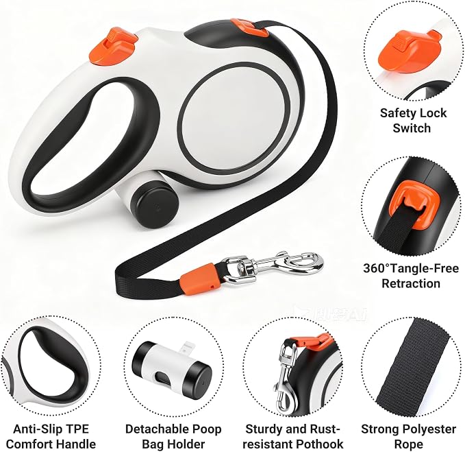 Segarty 26 Ft Walking Lead for Dogs 66 lbs - 110 lbs, 360°Tangle-Free 8m Retractable Long Leash with Detachable Poop Bag Holder for Pets Walk Outside, Anti-Slip Handle and One-Handed Brake Pause Lock - Image 3