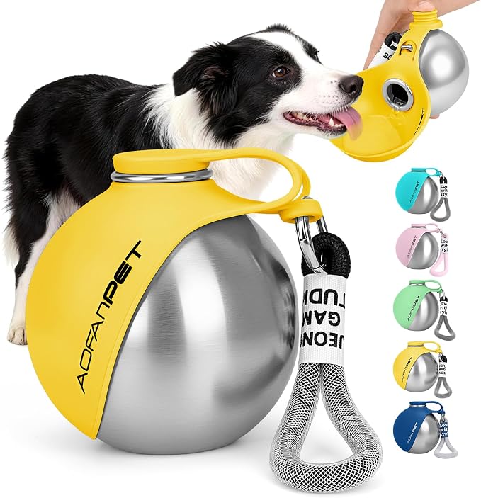Portable Dog Water Bottle 10oz Stainless Steel Travel Dog Water Dispenser with Bowl No-Spill Puppy Water Bottle for Walking Hiking Small Dog Water Bottle (Yellow) by AOFANPET