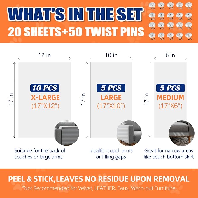 Anti Cat Scratch Furniture Protector, 20 Pack (10 XL+5 L+5 M) Couch Protector with 50 Twist Pins, Heavy Duty Clear Self-Adhesive No Residue Easy to Apply for Sofa, Furniture Corners, Doors & Walls - Image 2