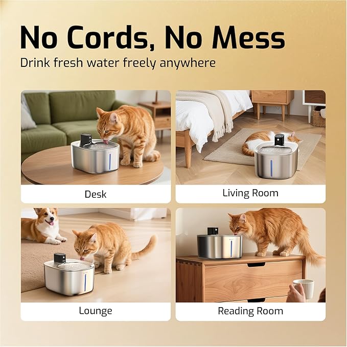 Cat Water Fountain Stainless Steel,152oz/4L Wireless Pet Fountain Battery Operated,Quiet Filtered Pet Water Fountain,Automatic Water Bowl for Cats Dogs with Motion Sensor 5 Filters - Image 3