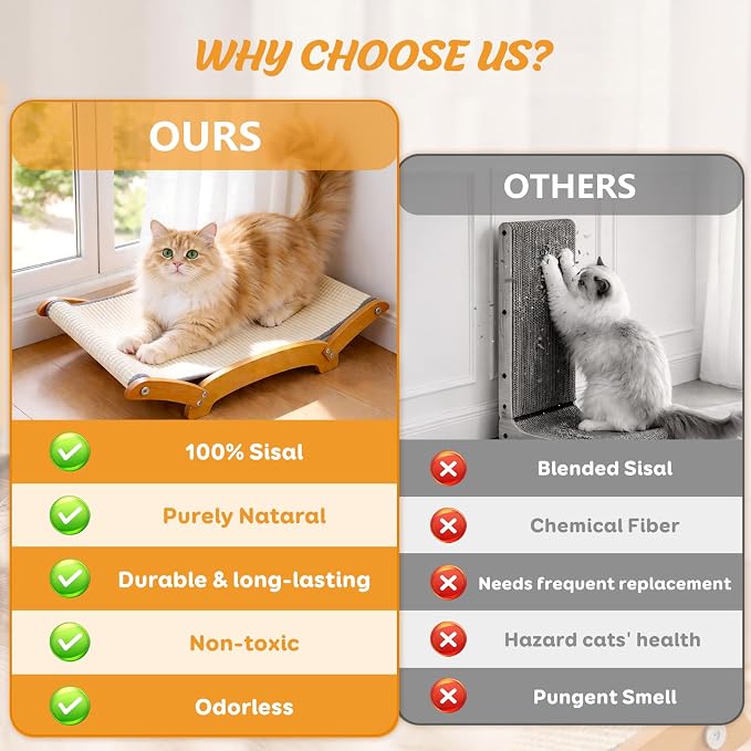 Sisal Cat Scratcher Bed for Indoor Cats, 26.3in Wooden Scratching Board | Natural Sisal Fiber,Solid Wood Frame,Cat Hammock & Lounger,Scratch Pad for Large Cats,Space-Saving,Multi-Cat households,Beige - Image 6