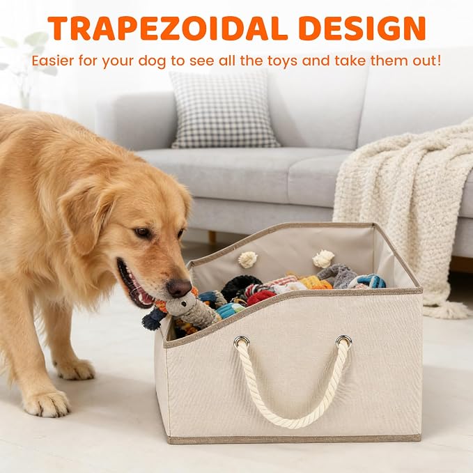 Dog Toy Basket with Handle, Foldable Dog Toy Box for Living Room Area, 20" Basket for Dog‘s Toys, Clothes, Organizers and Storage with Hard Board, Anti-Slip for Pet Toys - Image 3