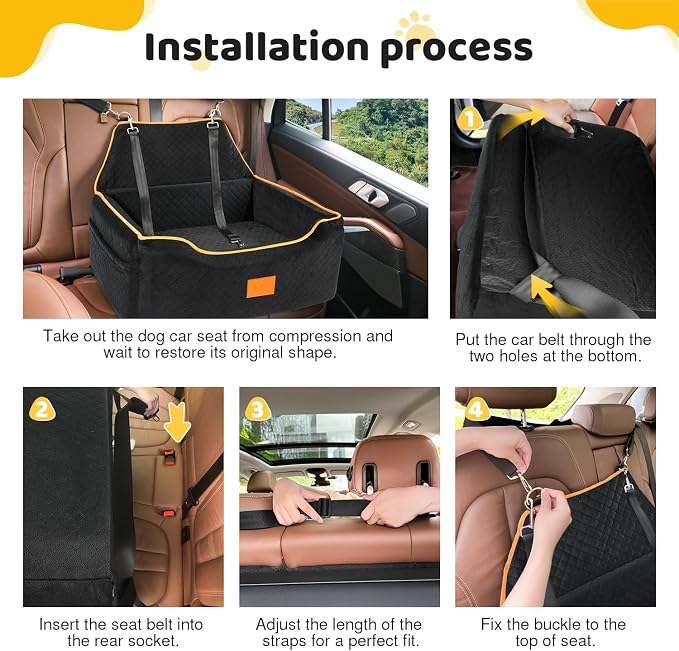 XIEEAOZEE Dog Car Seat for Large/Medium Dog, Booster Seat for Dogs Under 55Lbs or 2 Small, Detachable and Washable Travel Pet Seat with Thick Cushion and Storage Pockets (Black) - Image 6