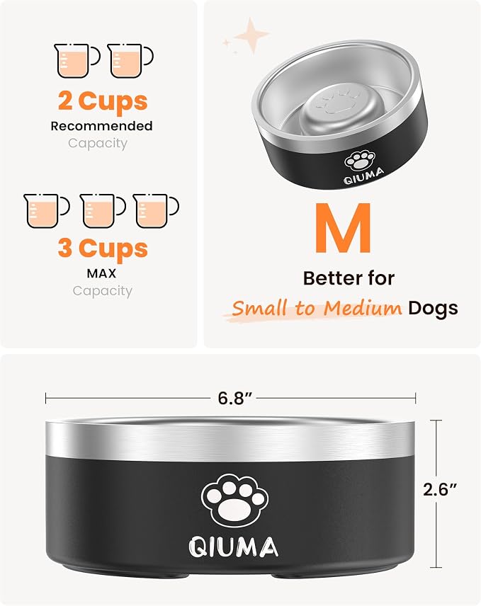 Qiuma Slow Feeder Dog Bowl Stainless Steel, Food-Grade 304 Metal Dog Slow Feeder Bowl 2 Cups Capacity, Heavy Duty Double-Layer with Non-Slip Base, Pet Puzzle Bowls for Small & Medium Dogs (Black) - Image 2