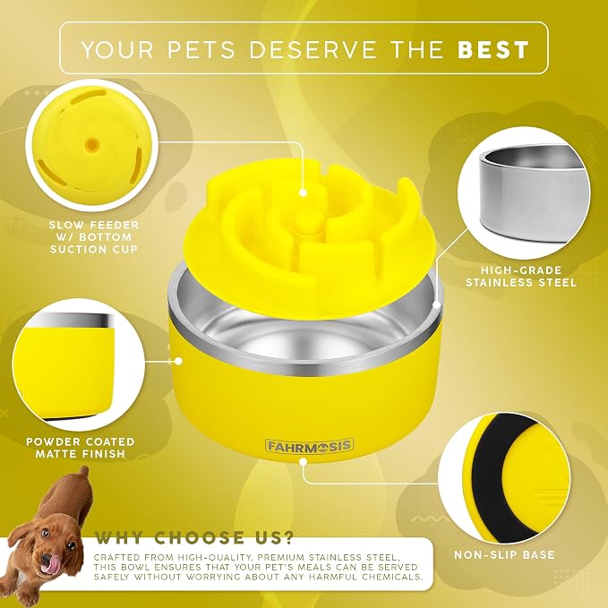 FAHRMOSIS 32 Oz Dog Bowl with Slow Feeder Insert Stainless Steel Pet Water Bowl for Medium & Large Breed Non Slip Rubber Base & Plastic Puzzle Feeder - Yellow - Image 2