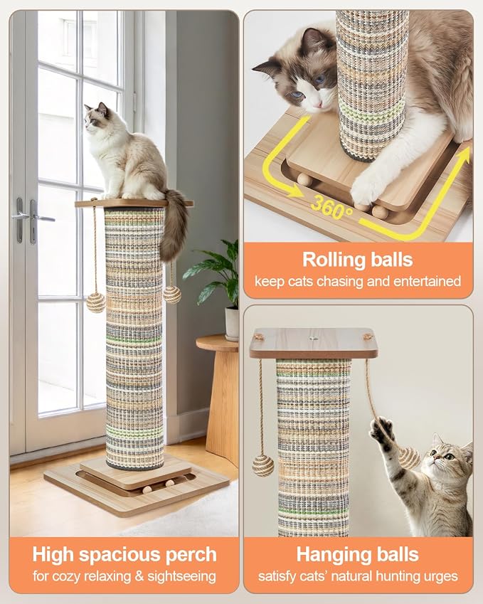 Odoland 31" Tall Large Cat Scratching Post with Replaceable Scratcher Pad | Natural Sisal, Solid Wood Base, Sturdy Durable Replaceable Pad, Interactive Track, Top Perch, Indoor Adult Cats Kitten - Image 5