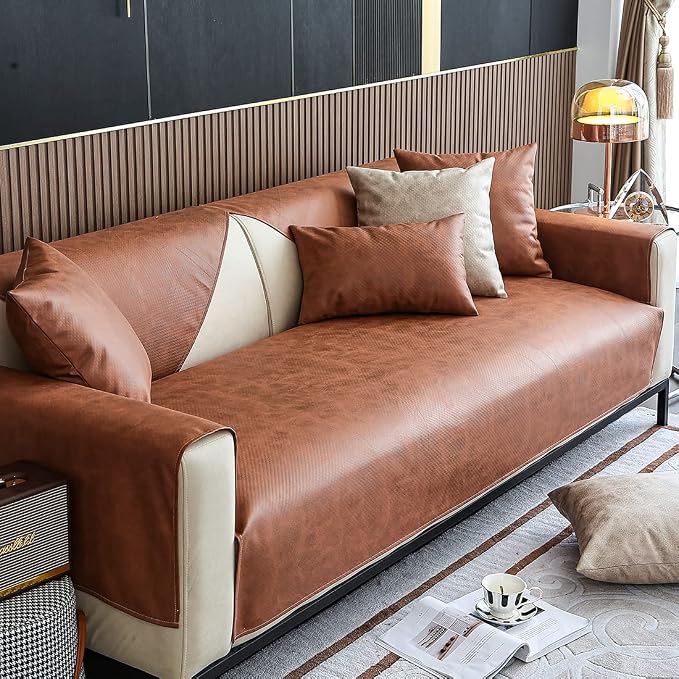 vctops Vintage Leather Look Sofa Cover Water Resistant Non-Slip Sectional Couch Cover Sofa Slipcover for Dogs, Children, Pets Furniture Protector (Coffee,43"x82") - Image 4