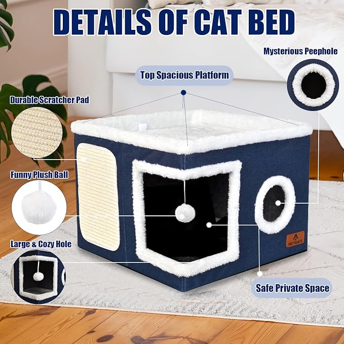 Cat Beds for Indoor Cats, Large Cat Cave Bed with Scratch Pad and Fluffy Ball, Foldable Cat Hideaway, Cat House with Reversible Cushion for Multi Small Pet Up to 30LBS, Blue - Image 4
