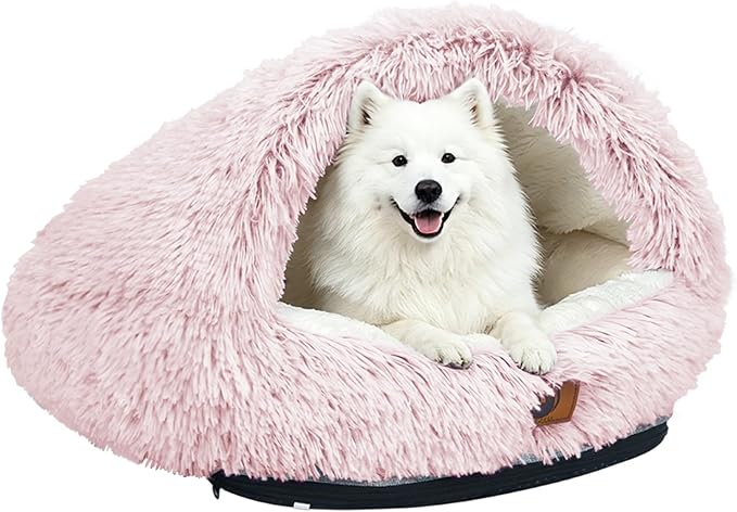 YooxArmor Round Covered Cat Bed Cave Dog Bed for Small Medium Pets,Pink,M | Cozy,Washable,Windproof,Hooded Cat Bed Cave,Self Warming Anti-Anxiety House with Fluffy Cover by YooxArmor