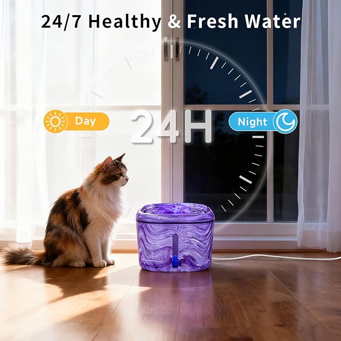 Cat Water Fountain Purple: Automatic Flower Pet Water Fountain for Cats Indoor-84oz/2.5L, Cute Cat Fountain for Drinking, LED Blue Light, Upgraded Ultra Quiet Pump, Gifts for Cats, Dogs (8Filters) - Image 3