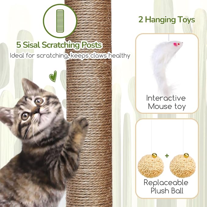 Globlazer 52in Cactus Cat Tree Tower for Indoor Cats, 2 Condos, S52, Green | Multi-Level Plush House, 5 Sisal Scratching Posts, 2 Padded Top Perches, Big Metal Basket, Stable Enlarged Base - Image 5