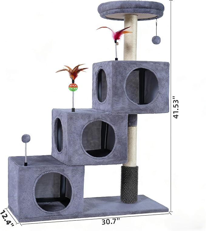 Cat Tree Tower for Indoor Cats 12lbs, Cat Tree with 3 Spacious Cat Houses & Condos, Full Sisal Scratching Posts and Cat Scratcher Toys，Grey - Image 2