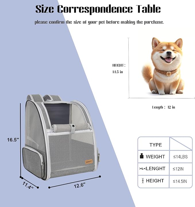 Cat Dog Backpack 12.6"×11.4"×16.5" Large Breathable Pet Bag Carrier | Full Mesh Ventilation, Roll-Up Front Door, Padded Straps, Side Storage Pockets for Walking, Driving, Vet & Outdoor Trips - Image 2